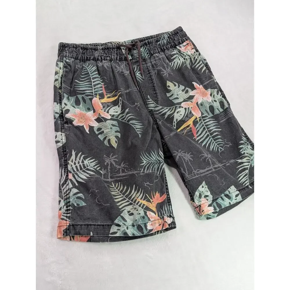 L.O.G.G. H&M Mens Small S Black Tropical Hawaiian Floral Drawstring Shorts Beach